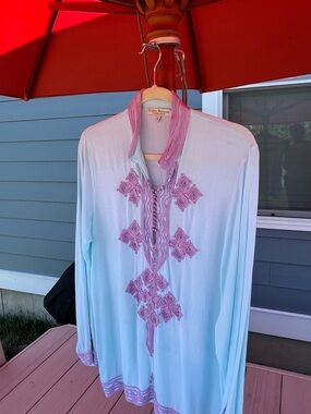 Light Blue Embroidered Tunic Blouse with Purple Trim